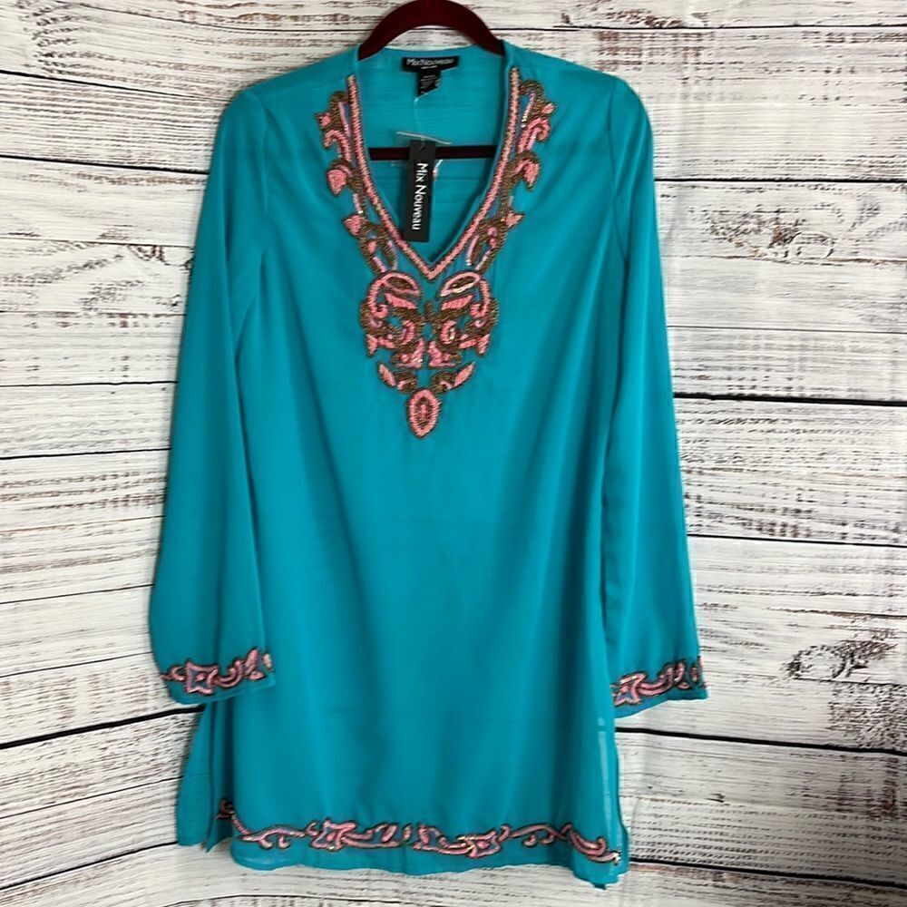 Mix nouveau Tunic Womens size‎ Small chiffon Beaded Boho sequins Aruba Blue New